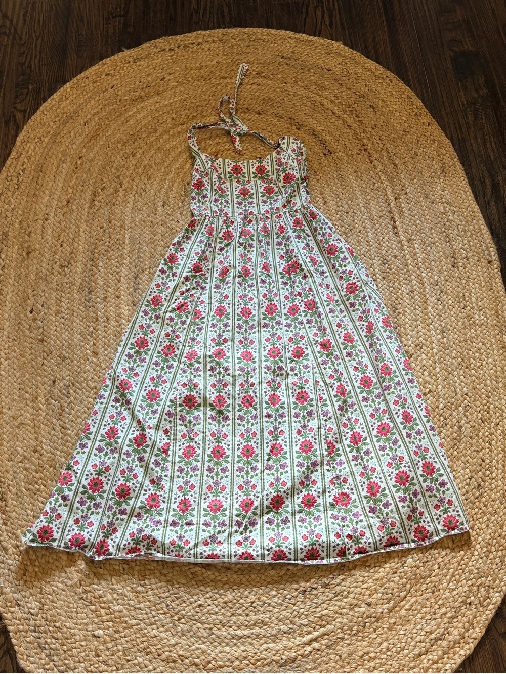 HILL HOUSE The Fleur Midi Dress Green Floral Block Stripe Size Small - Picture 3 of 6